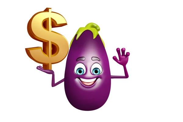 Personagem de desenhos animados de Brinjal Fruit com dólar — Fotografia de Stock