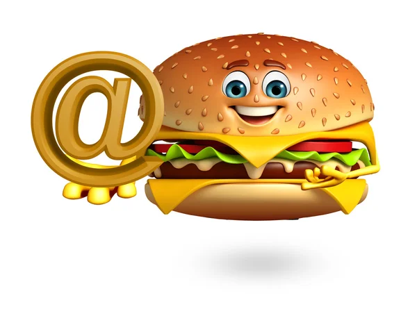 Мультфильм характер бургера с по курсу знак — стоковое фото