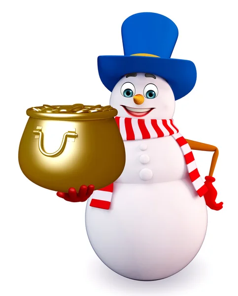 Snowman with golden pot — Stock Photo, Image