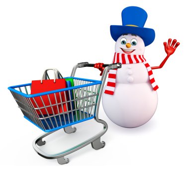 kardan adam arabası ve alışveriş torbaları