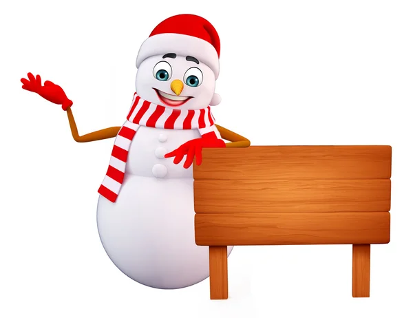Boneco de neve com sinal de madeira — Fotografia de Stock