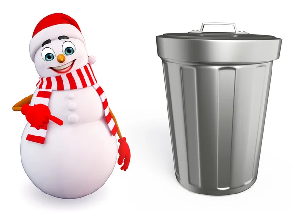 Cartoon sneeuwpop met vuilnisbak — Stockfoto