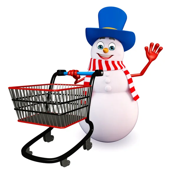 Cartoon Snowman with trolley — Stock Photo, Image