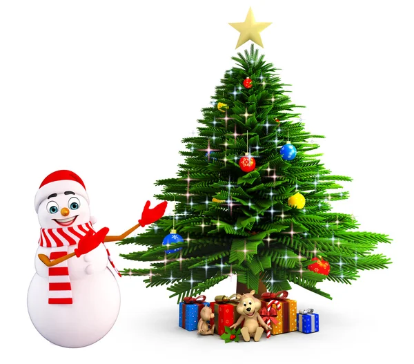Snowman with christmas tree — Stock Photo, Image