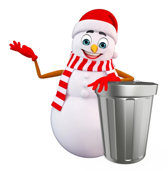 Cartoon Snowman with  dustbin — Stock Photo, Image