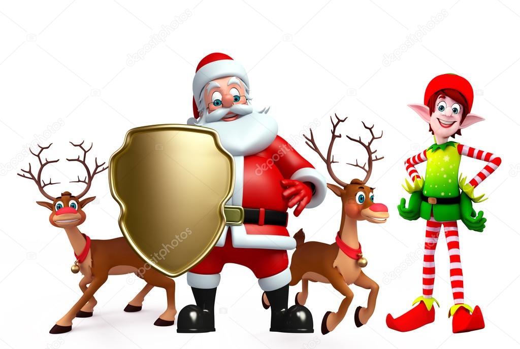 Cartoon Santa claus and elves with reindeer