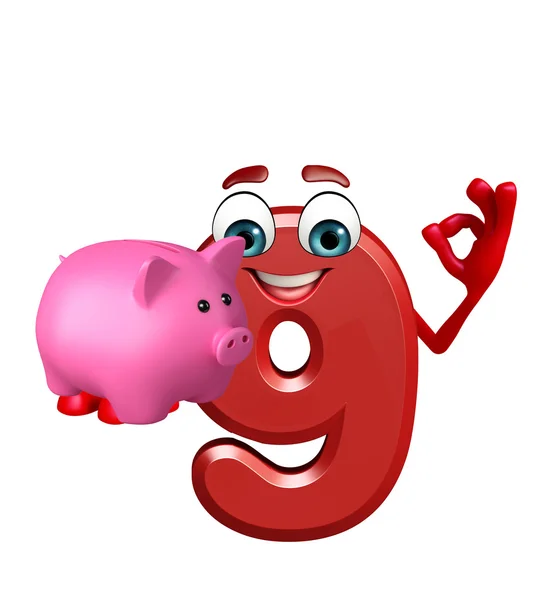 Cartoon character of nine digit with piggy bank — Stock Photo, Image