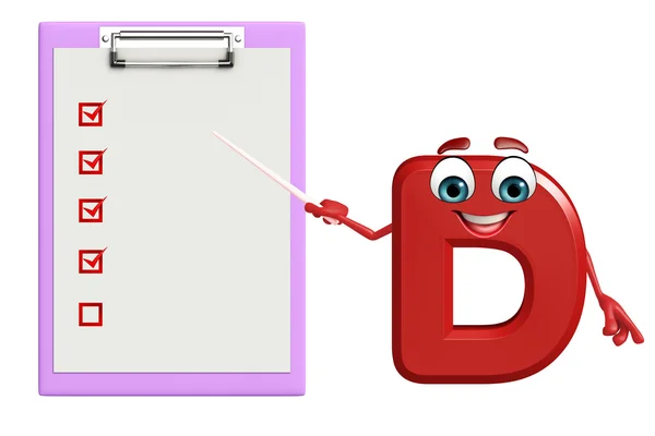 Kreslená postavička abecedy D s Poznámkový blok — Stock fotografie