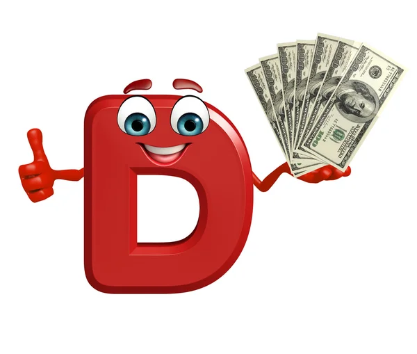 Caractère de dessin animé de l'alphabet D avec de l'argent — Photo