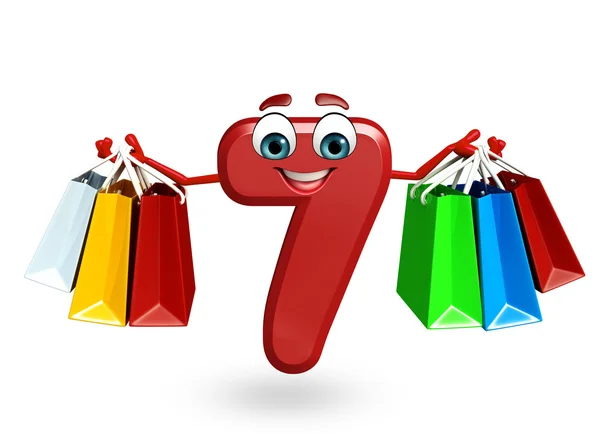 Personagem cartoon de sete dígitos com sacos de compras — Fotografia de Stock