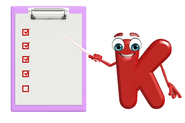 Cartoon Character of alphabet K with notepad — Stock Photo, Image