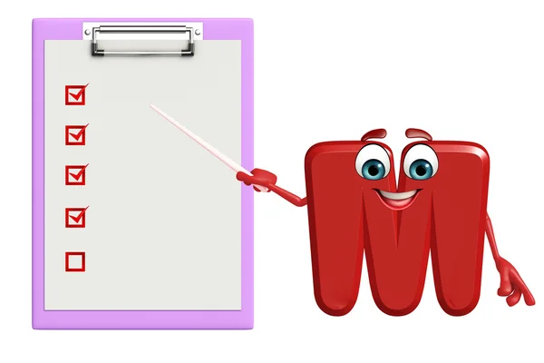 Cartoon Character of alphabet M with notepad — Stock Photo, Image