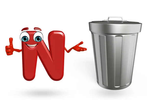 Cartoon Character of alphabet N with dustbin — Stock Photo, Image