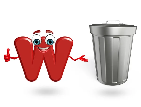 Çizgi film karakteri alfabenin W ile çöp kovası — Stok fotoğraf