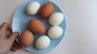 Mavi tabakta beyaz ve kahverengi tavuk yumurtaları.
