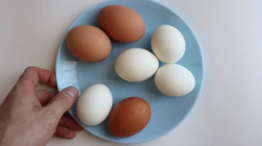 Mavi tabakta beyaz ve kahverengi tavuk yumurtaları.