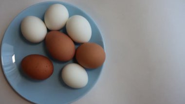 Mavi tabakta beyaz ve kahverengi tavuk yumurtaları.