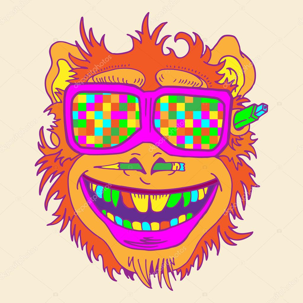 Una faccia di scimmia divertente vetri colorati Simbolo della scimmia del nuovo anno Sorrisi di scimmia con una matita nel suo naso e bastone