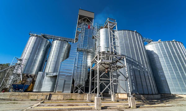Tarım Bölgesinde Metal Tahıl Asansörü Hasat Edilen Tahıl Deposu — Stok fotoğraf