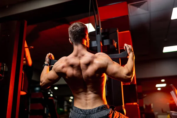 Bodybuilder trainer man doing bench press workout in gym. Photo from the back. Naked torso. Strong body.