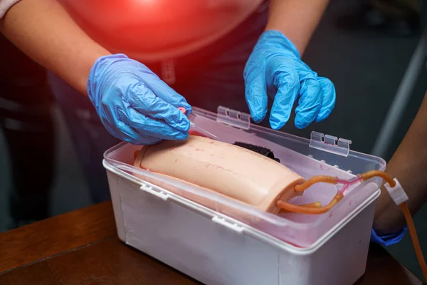 Training operation on a mannequin, closeup. Medical training. Surgery operation on medical dummy.