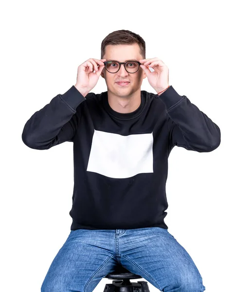 Man Casual Clothes Touching Glasses Face Casual Clothes High Bar — Stock Photo, Image