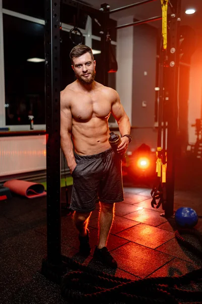 Very Muscular Sporty Guy Looking Camera Shirtless Man Perfect Body — Stock Photo, Image