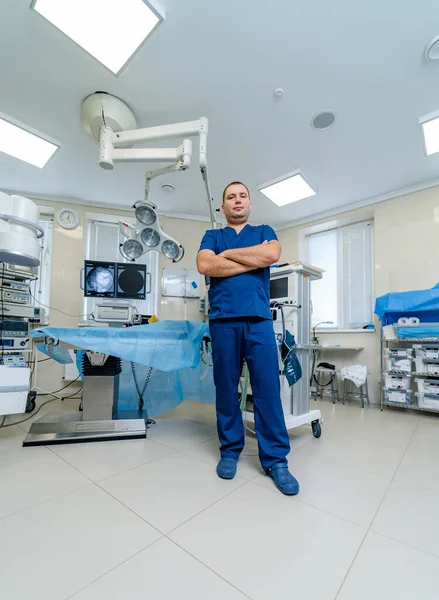 Portrait Professional Surgeon Looking Camera Smiling Successful Operation Background Modern Stock Photo