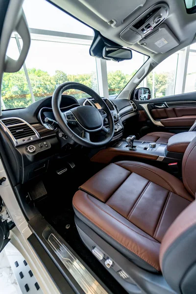 Premium Car Interior Brown Leather Seat Luxury Auto Closeup — Stock Photo, Image