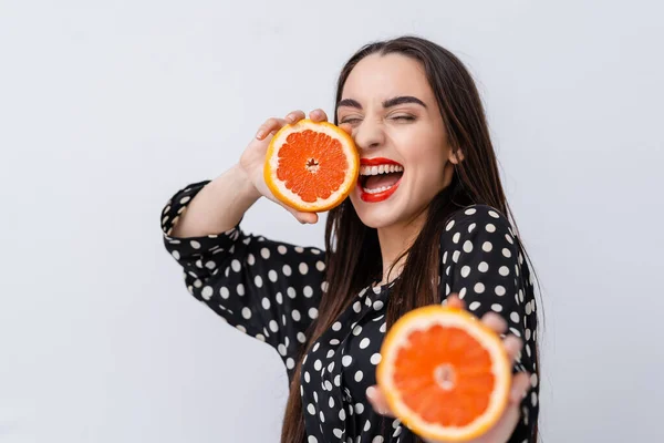 Alimentación Saludable Dieta Hermosa Chica Sana Con Rodajas Naranjas Belleza —  Fotos de Stock