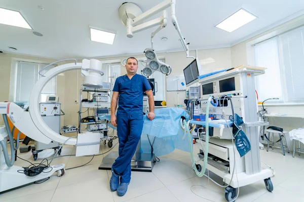 Surgeon Posing Operating Room Hospital Background Male Doctor Work Looking Stock Image