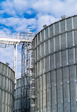 Tahıl kooperatifi. Hasat edilmiş tahıllı endüstriyel tarım asansörleri. Yakın çekim..