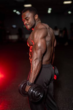 Dambılı genç adam spor salonunda egzersiz yapıyor. Spor, spor, halter, vücut geliştirme, antrenman, atlet, egzersiz konsepti. Yandan görüntüle.
