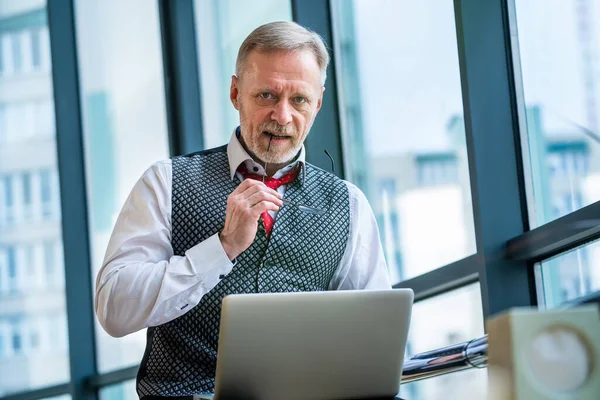 Portrait Senior Man Sitting Front Laptop Panoramic View Sity Working — Stock Photo, Image