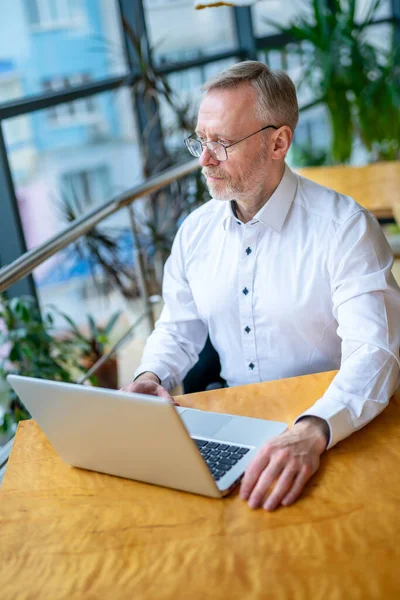 Starszy Biznesmen Korzystający Laptopa Patrzący Bok Siedząc Nowoczesnym Biurze Skupienie — Zdjęcie stockowe