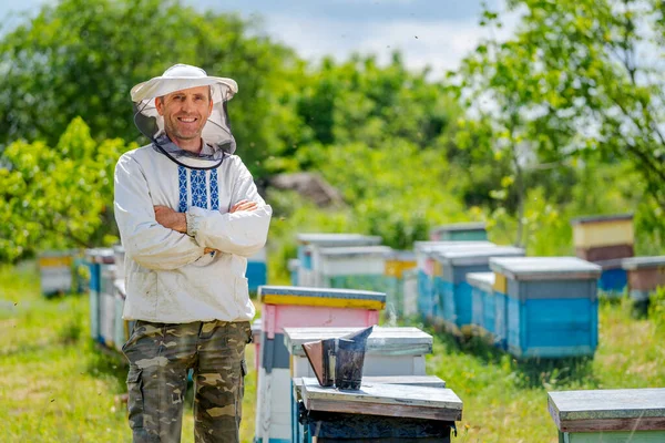 Apicoltore Trova Crosshands Sullo Sfondo Alveari Colorati Uomo Indossa Cappello — Foto Stock