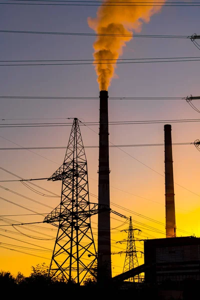 Pilones Energía Fondo Hora Puesta Del Sol Torre Eléctrica Alto — Foto de Stock