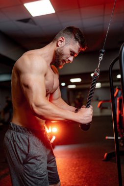 Yakışıklı vücut geliştirici spor salonunda egzersiz yapmaya zorlar. Güçlü kasları olan gömleksiz bir erkek. Yakın çekim..