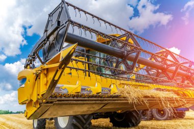 Büyük sarı hasat makinesi tarlada çalışıyor. Biçicisini büyütmek için büyük boy. Tarım makinesi.