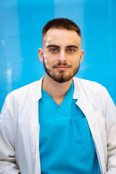 Portrait Bearded Doctor Medical Specialist Modern Office Background Man Scrubs — Photo