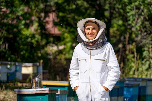 蜂の巣で働いてるハンサムな男 晴れた夏に蜜蝋を収穫する — ストック写真