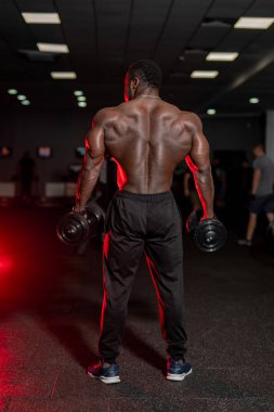 Spor salonunda çıplak gövdeyle çalışan genç, güçlü bir adam. Kameraya poz veren yakışıklı kaslı vücut geliştirici..