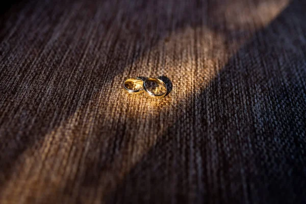 Couple of wedding rings on the wood. Gold shine marriage couple of rings.