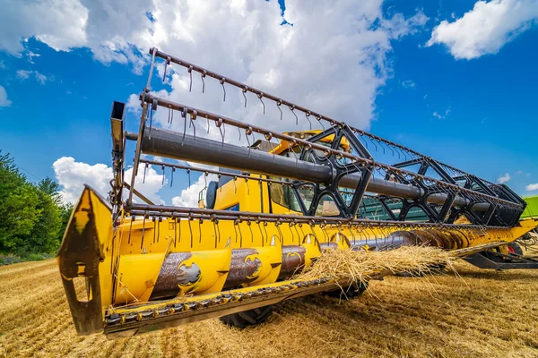 Técnicas Pesadas Campo Trigo Vista Ángulo Bajo Del Amarillo Combinar —  Fotos de Stock