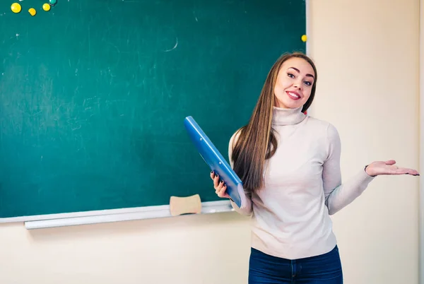 Student Girl Standing Clean Blackboard Classroom Open Notes Hands School — Stock Photo, Image