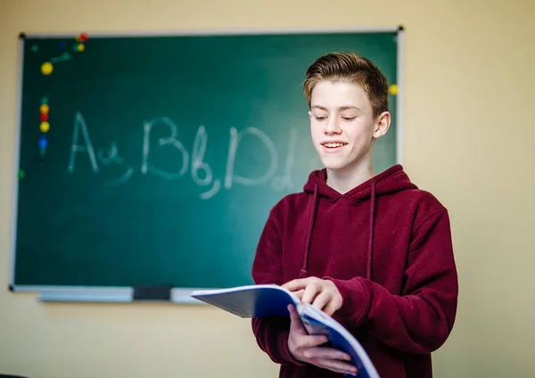 Student of higher school is standing in red hoodie near the green blackboard. Teenage boy is reading from the big notebook. School education concept