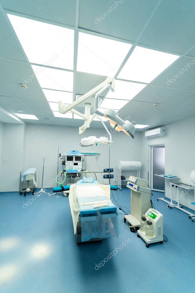 Modern hospital operation empty room. Healthcare surgery technologies.
