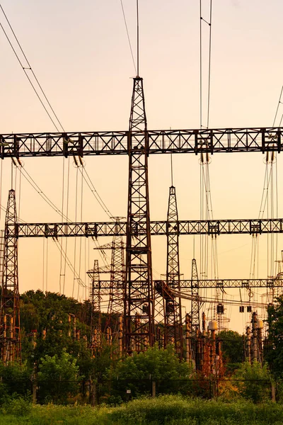 Construcciones Tecnología Silueta Sunset Sombras Torres Eléctricas Voltaje — Foto de Stock