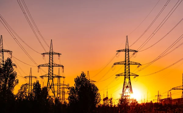 Poste Metálico Alto Voltaje Torres Alto Voltaje Bosque Con Puesta — Foto de Stock