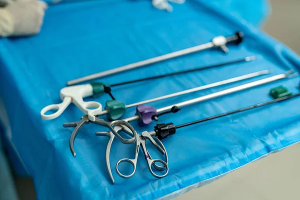 Surgical instruments and tools in the operating room. Operating tools in medical table. Selective focus